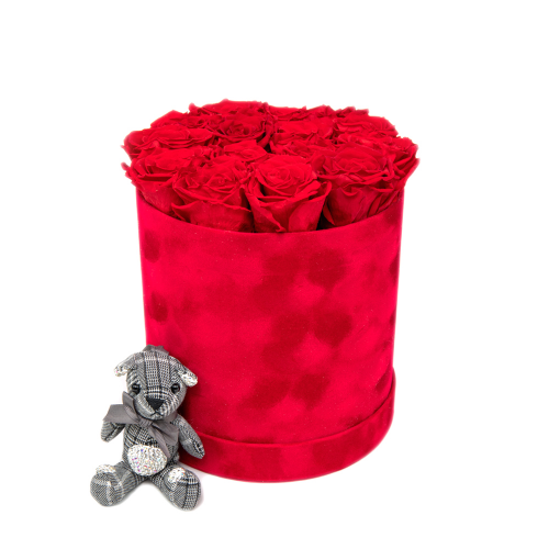 In eterno piros bársony kerek doboz "L" 15 vörös rózsa macis kulcstartóval