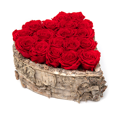 In eterno fából készült szívdoboz 18 piros rózsa