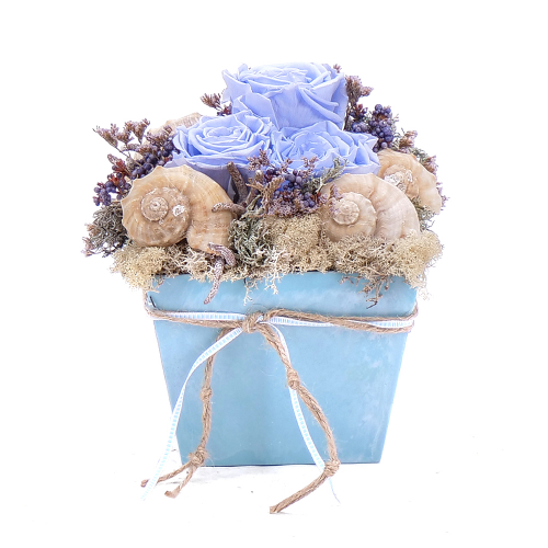 Irigo kék virágdoboz és In eterno kék rózsa kagylók