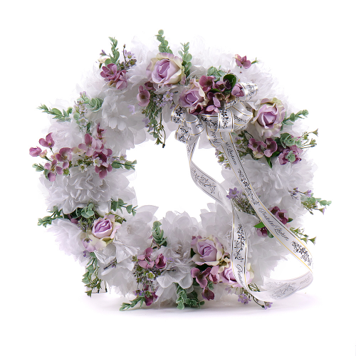 Irigo temetési koszorú fehér és lila virágok